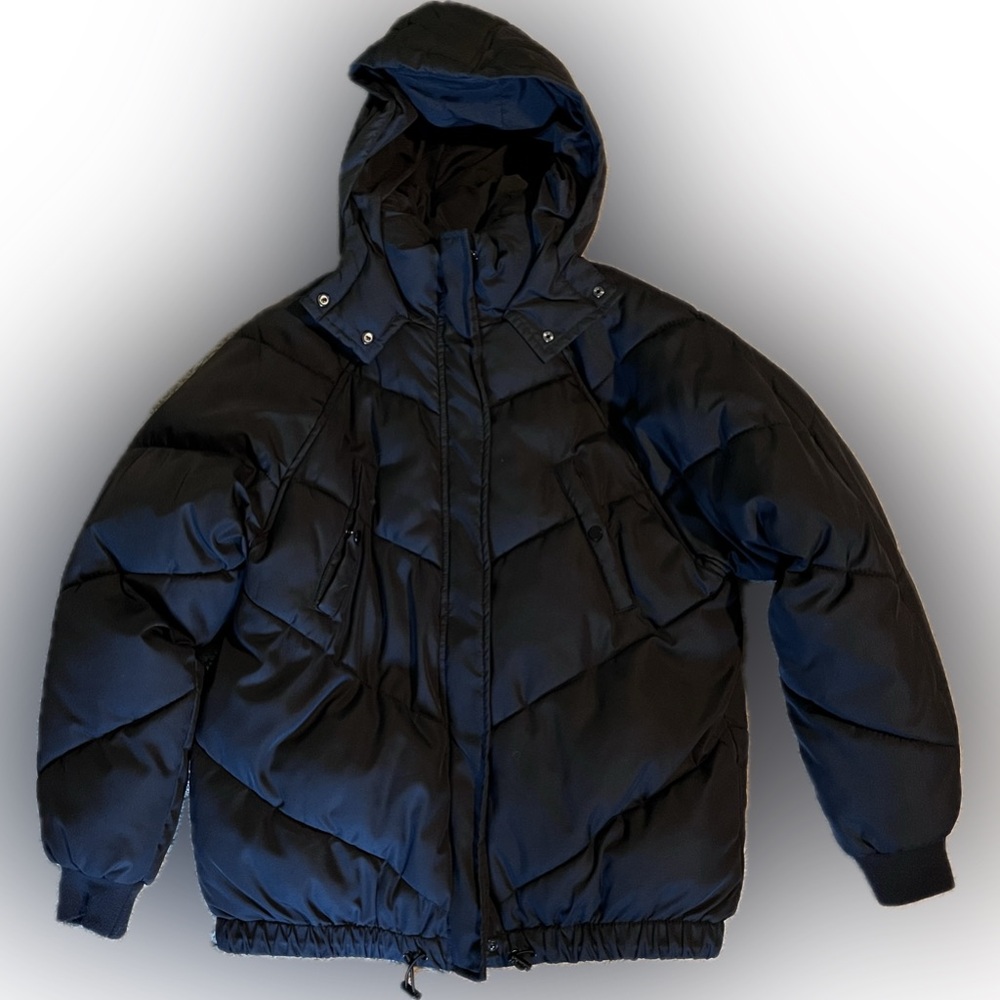 H&M Black Hooded Puffer Jacket Women’s Size 6 Winter Coat Cinched Waist
